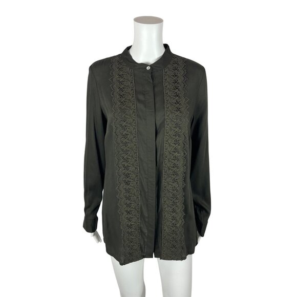 Coldwater Creek Blouse Women's Medium Olive Green Button Up Long Sleeve Lace - Picture 10 of 10
